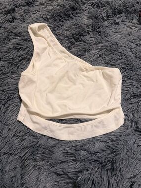 White Fox Boutique Cream One-Shoulder Ribbed Crop Top